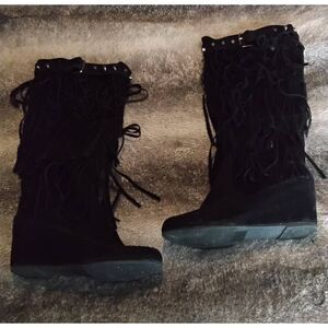 Trendy Black Suede Fringe Studded Mocassin Knee High Wedge Boot Sz 8.5M
